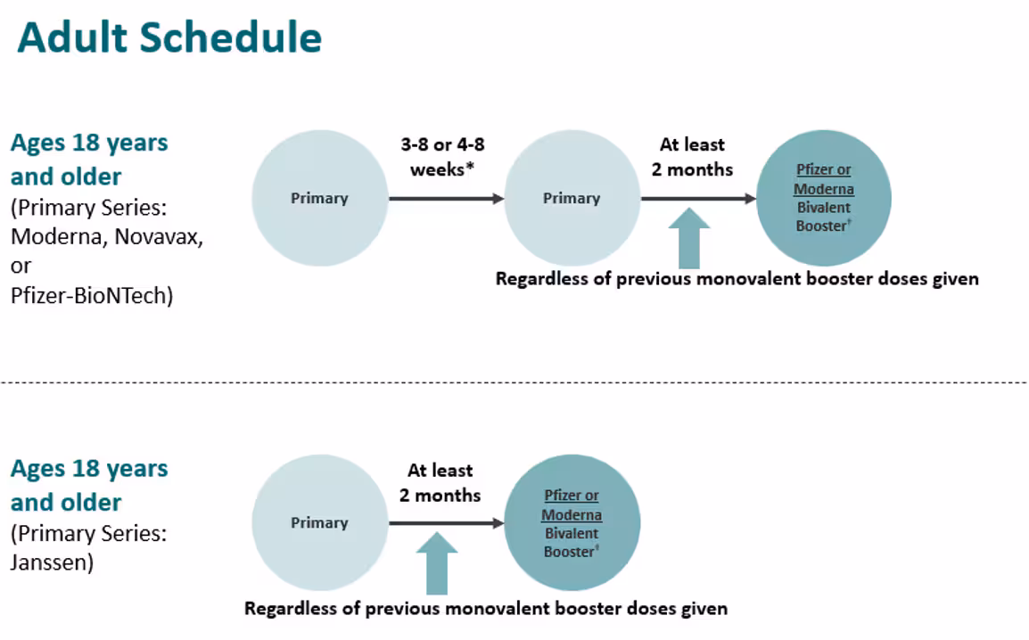 COVID-19 vaccination schedule for adults who are not moderately or severely immunocompromised and are willing and able to get a bivalent mRNA booster.