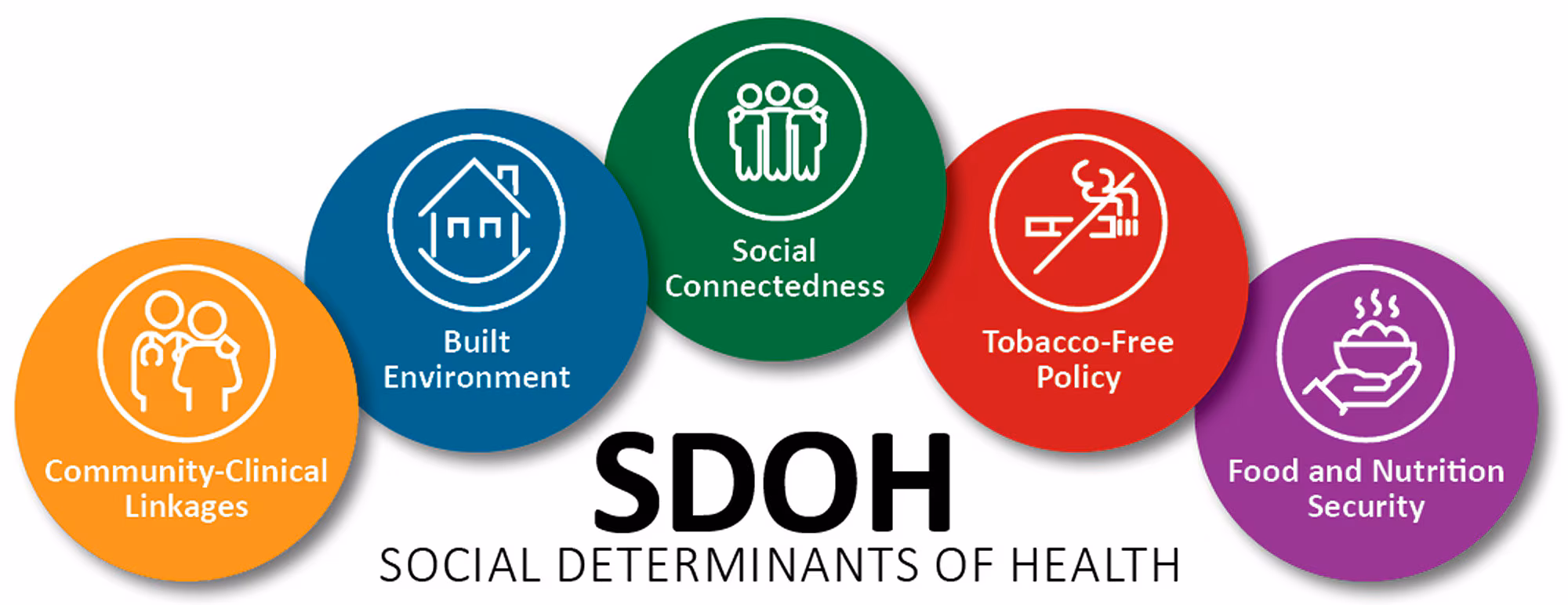 Graphic of 5 SDOH: Community-Clinical Linkages, Built Environment, Social Connectedness, {ADD second c in tobacco}Tobacco-Free Policy, and Food and Nutrition Security.