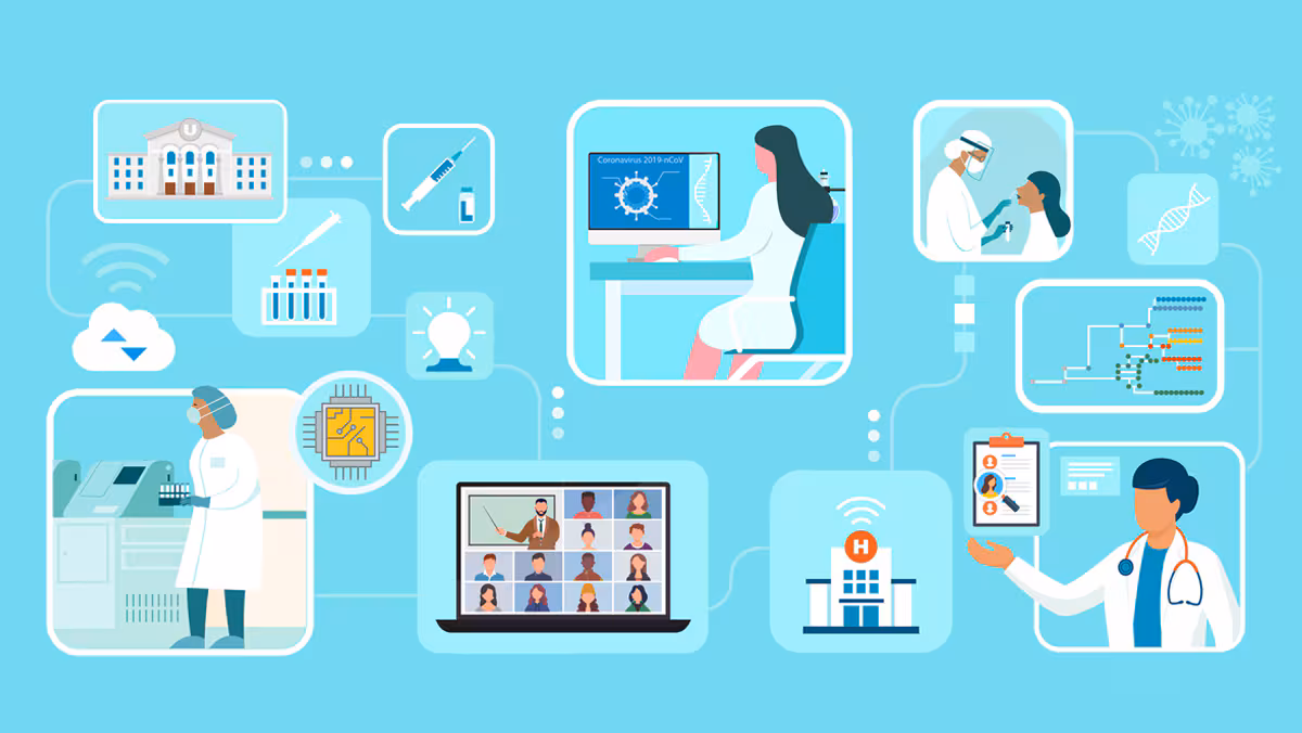 PGCoE network illustration Graphic illustrating connections between academic institution, lab sequencing, innovation, data analysis, testing, epidemiology, training, and clinical research