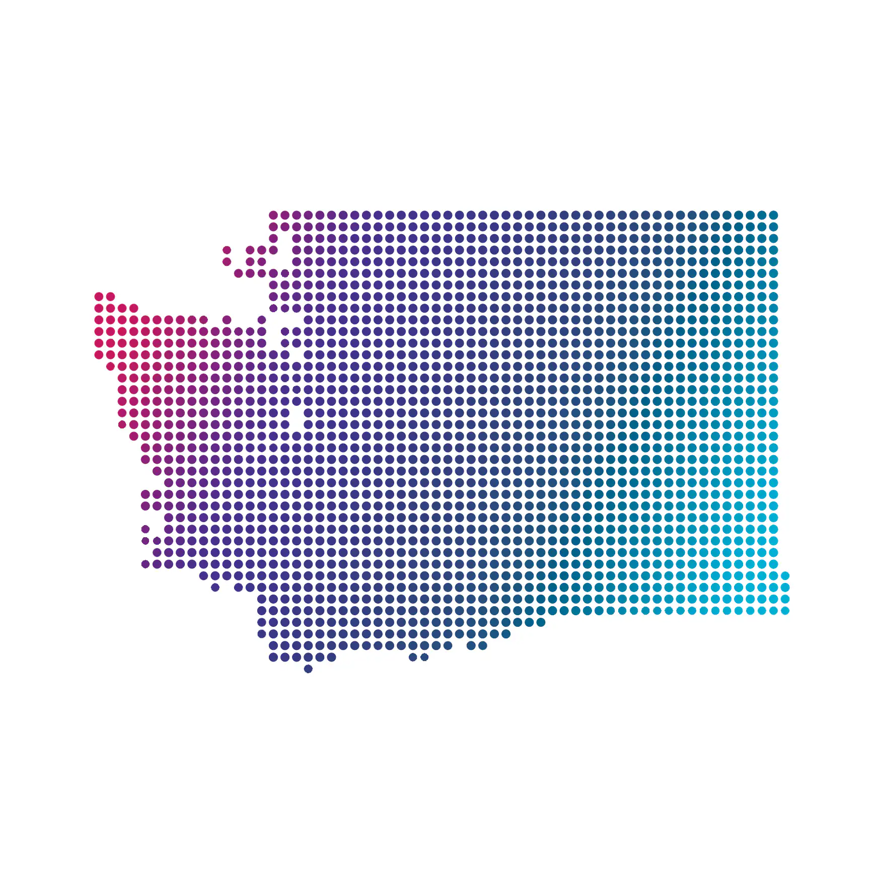 Washington map of blue dots on white background Washington map of colored dots on white background