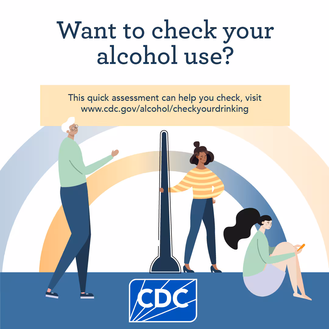 Alcohol-CheckAlcoholUse-IG02.png 3 human figures with text "Want to check your alcohol use? This quick assessment can help you check, visit www.cdc.gov/alcohol/checkyourdrinking"