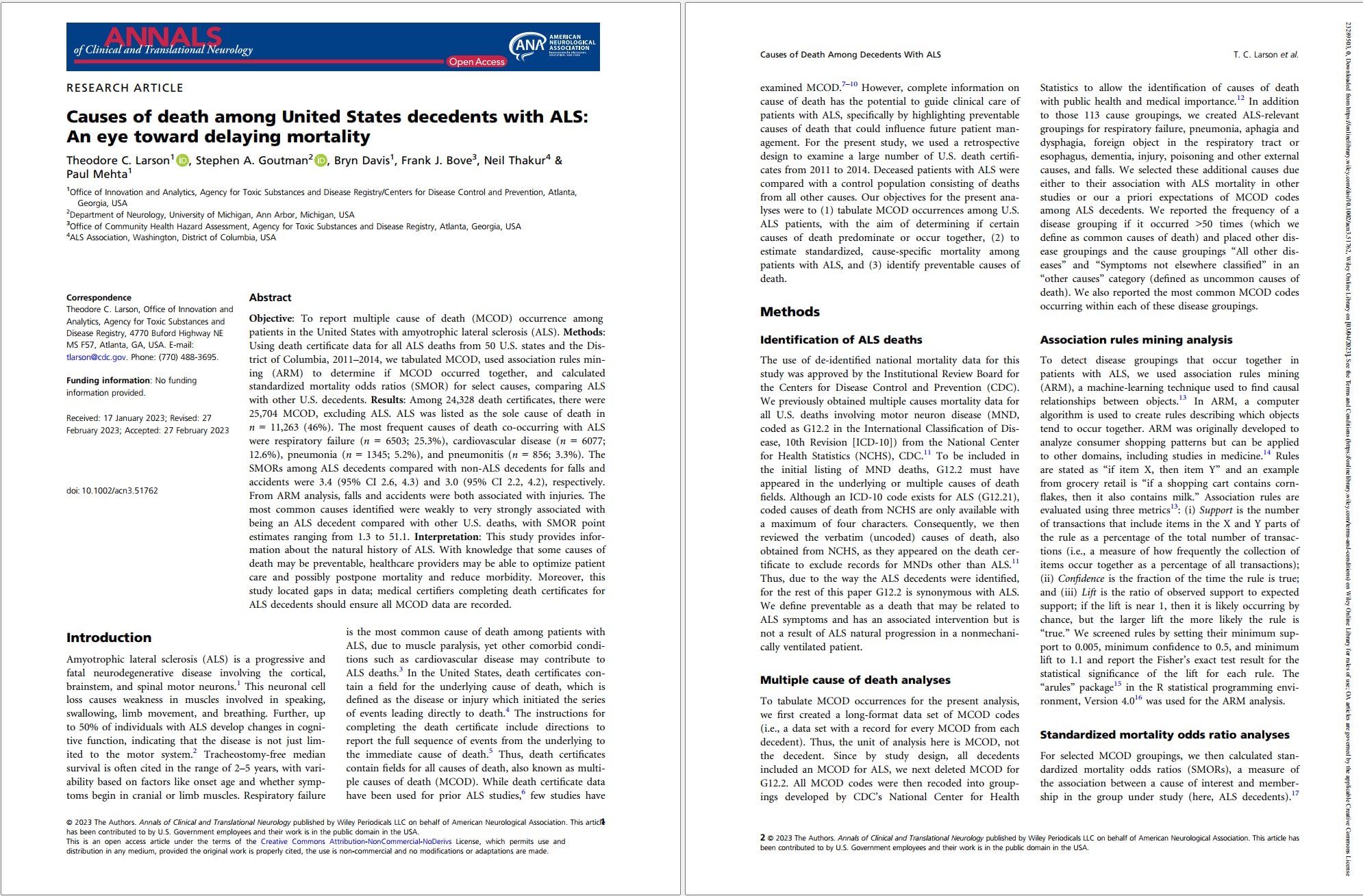 Larson et. al. 2022 (Causes of Death) Screenshot of the first two pages of Larson - Causes of death paper