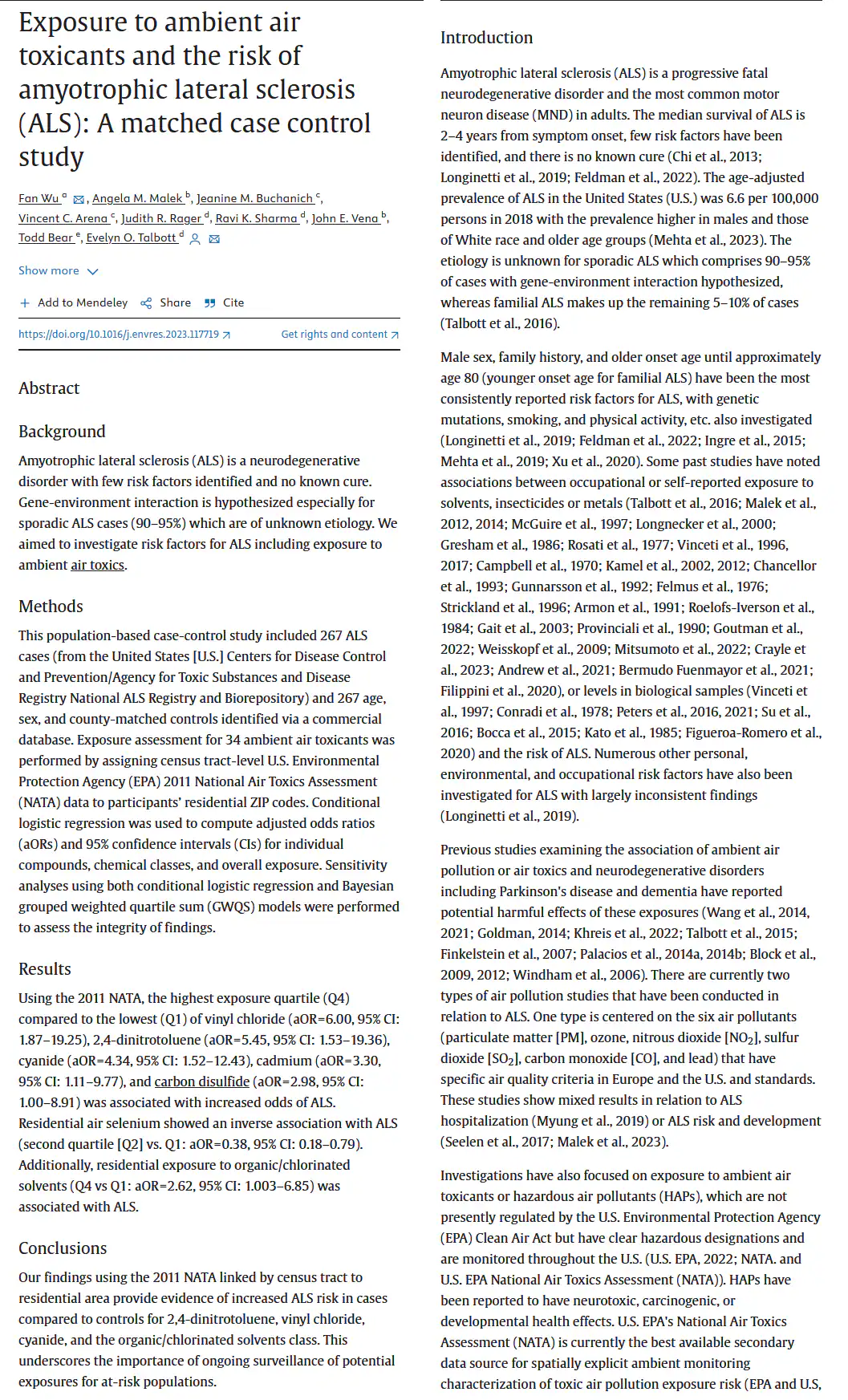 Wu et. al. 2023 Screenshot of the first two pages of Wu Ambient Air paper