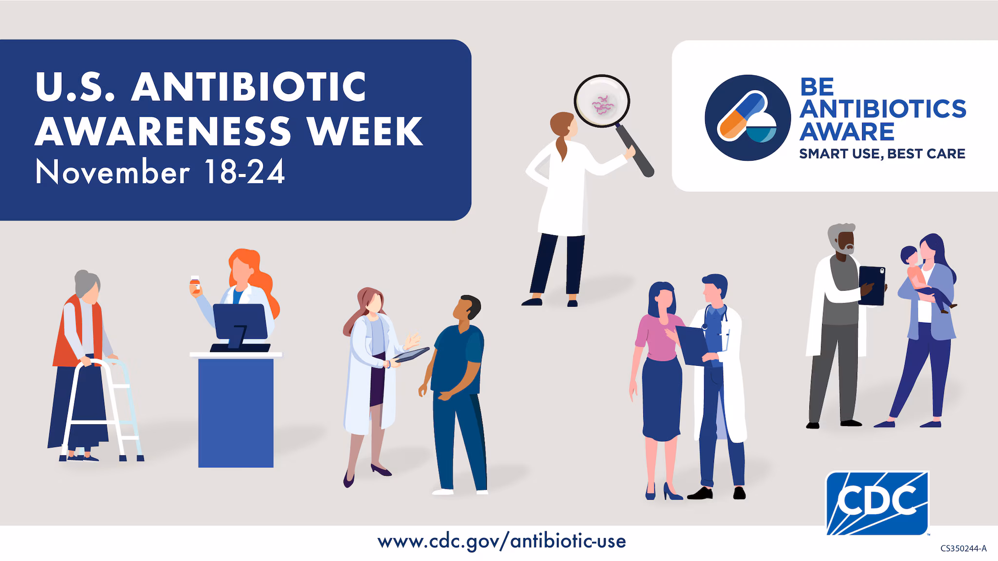 USAAW Promo Graphic Graphic includes images of several healthcare professionals and patients. “U.S. Antibiotic Awareness Week November 18-24 in large dark blue box at top of graphic. Be Antibiotics Aware: Smart Use, Best Care logo in white box on top left of graphic.