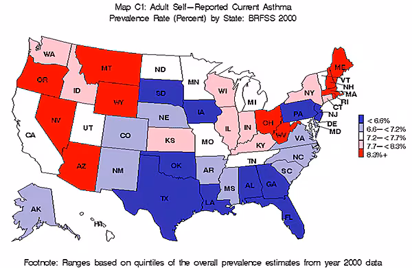 map c1 adult self reported current asthma prevalence rate by state BRFSS 2000