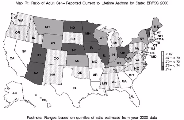 map R1 ratio of self reported current to lifetime asthma by state BRFSS 2000 black and white