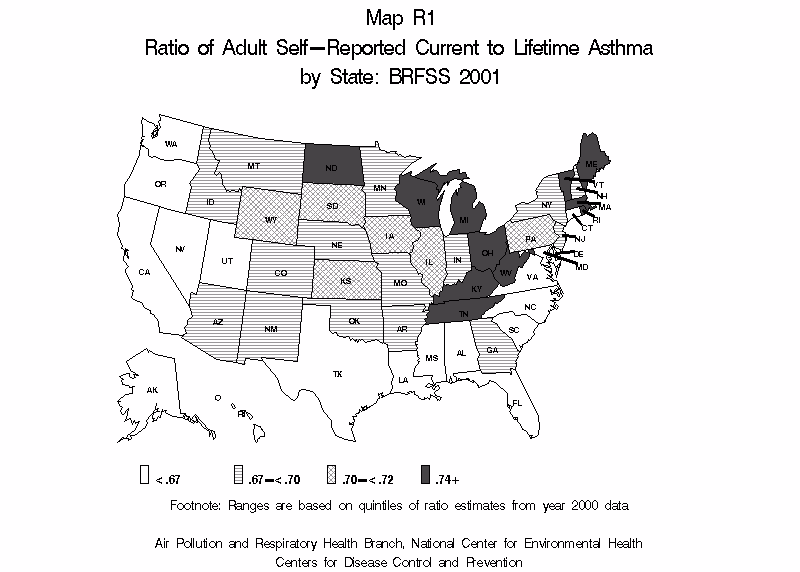 map R1 BRFSS 2001 adult sefl reported Lifetime asthma Prevalence rate