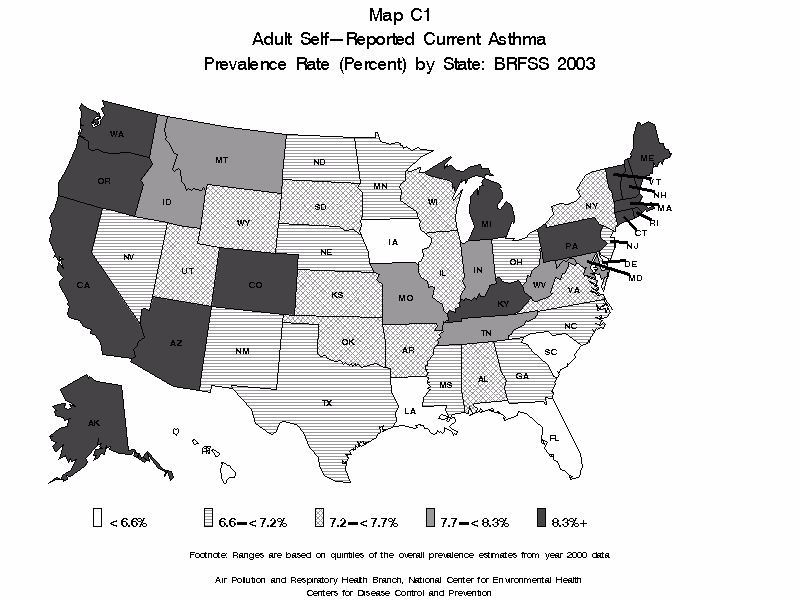map c1 adult self reported current asthma pervalence rate BRFSS 2003 black and white