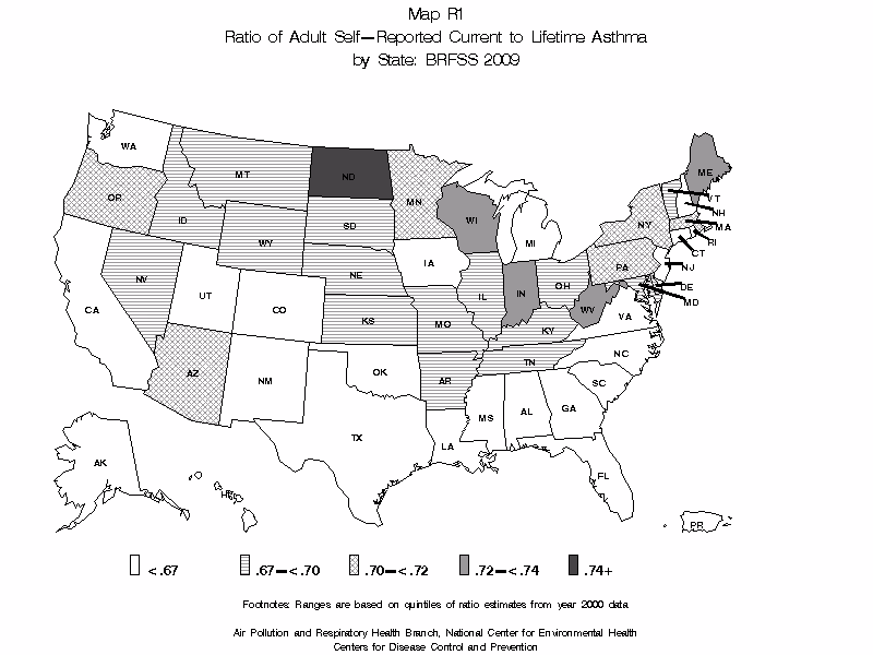 Map R1 (black and white) - Ratio of Adult Self-Reported Current to Liftetime Asthma by State: BRFSS 2009