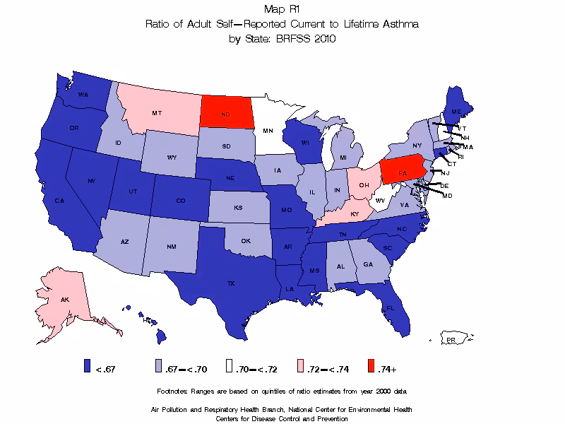 Map R1 (color) - Ratio of Adult Self-Reported Current to Lifetime Asthma by State: BRFSS 2010