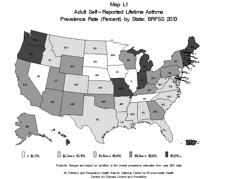 Map L1 (black and white) - Adult Self-Reported Lifetime Asthma Prevalance Rate (Percent) by State: BRFSS 2013