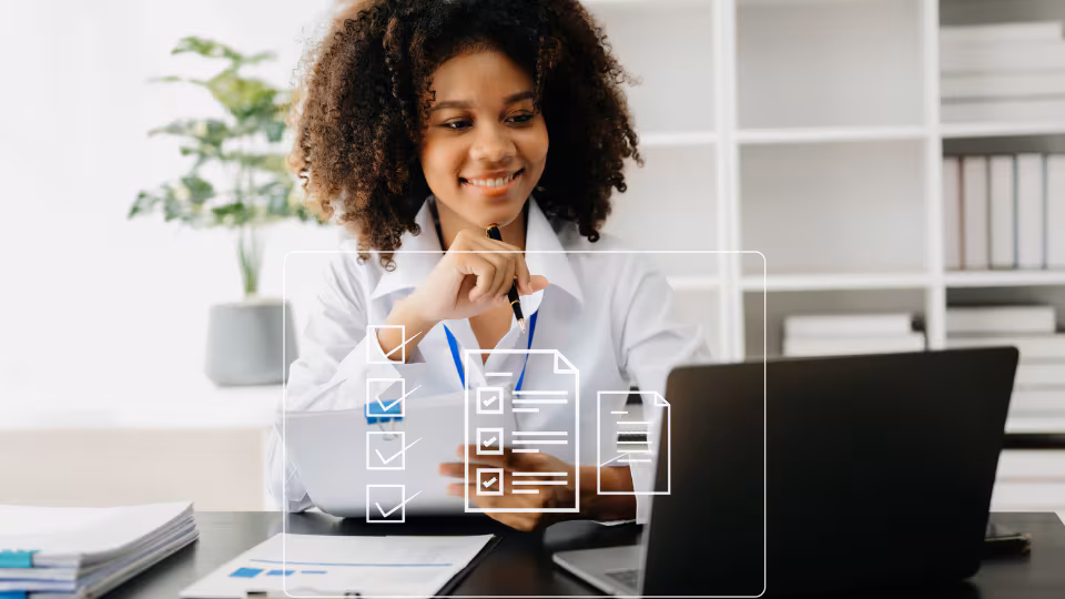 — title missing — Doctor sitting at a laptop, with a graphic of a survey layered over the photo.