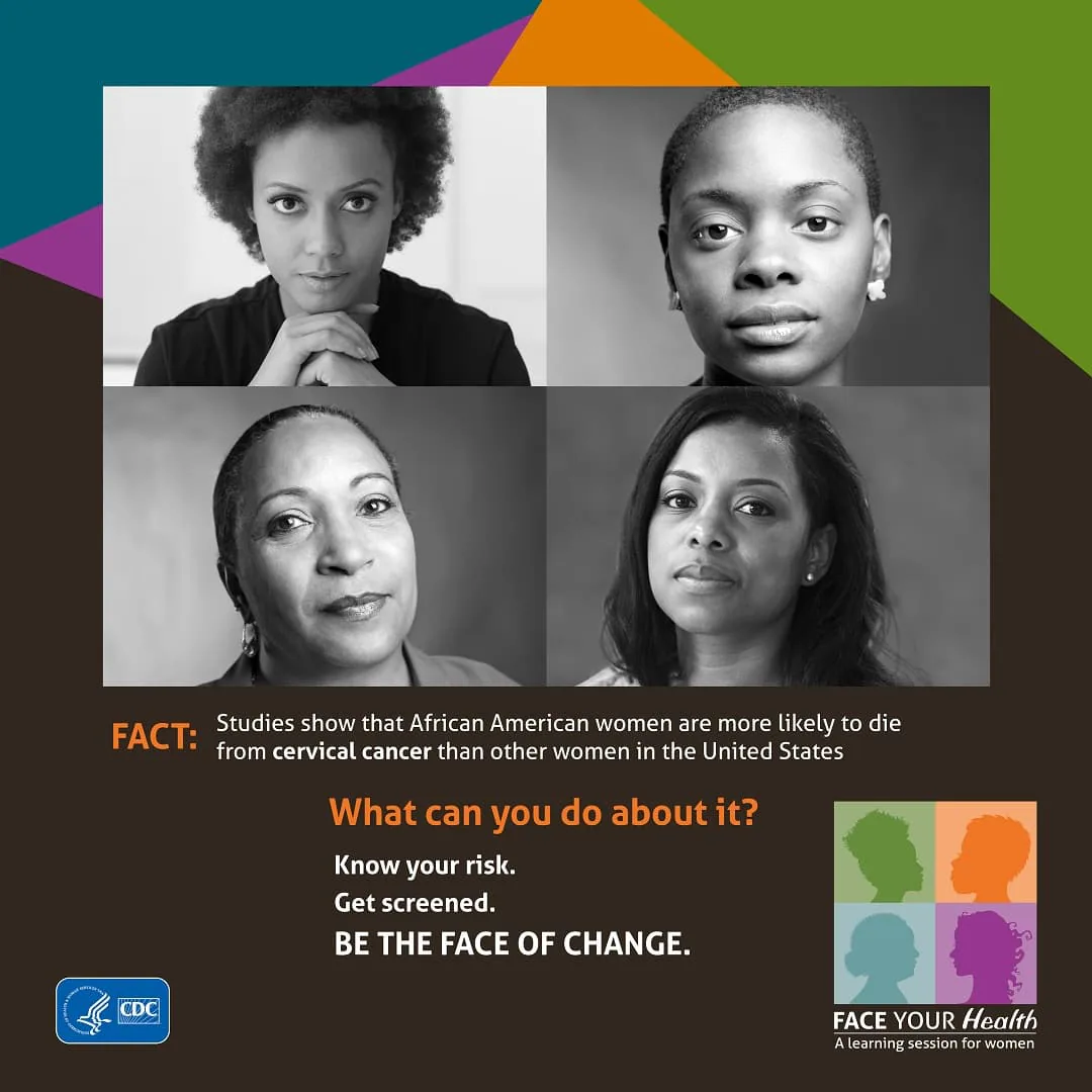 Fact: Studies show that African American women are more likely to die from cervical cancer than other women in the United States. What can you do about it? Know your risk. Get screened. Be the face of change. Face Your Health.