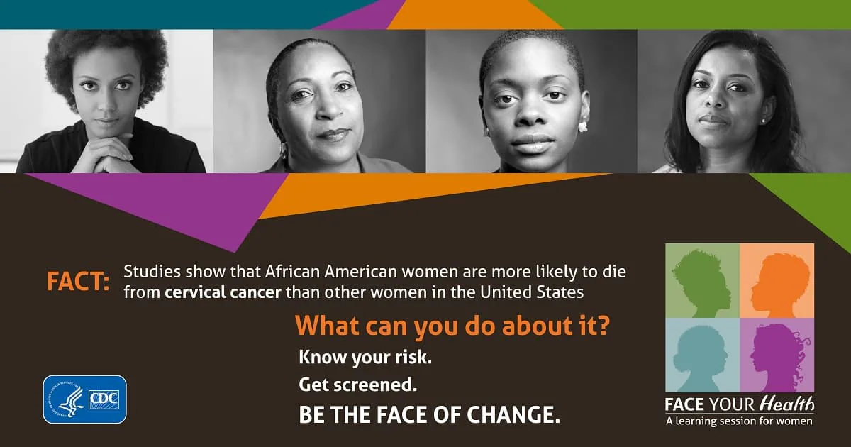 Fact: Studies show that African American women are more likely to die from cervical cancer than other women in the United States. What can you do about it? Know your risk. Get screened. Be the face of change. Face Your Health.