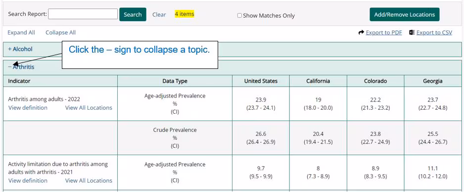 Instructions to check or clear a check box to add or remove a location and click submit to view the comparison report.