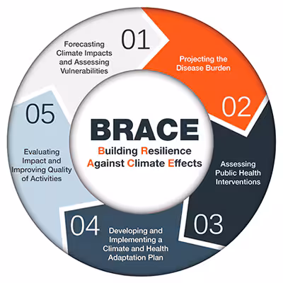 A circle with the 5 steps of the BRACE framework on it. Inside the circle is the acronym BRACE and what each letter represents.