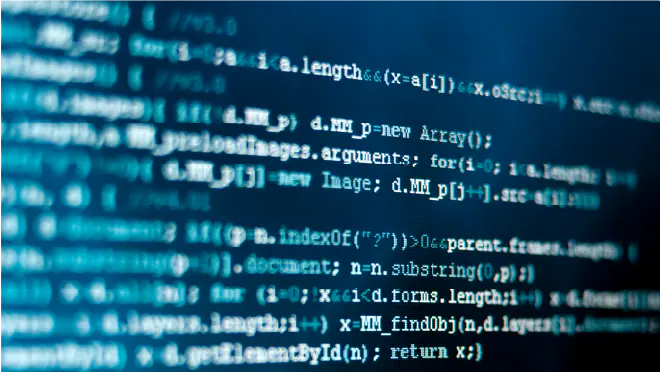 HTML Code Streams of digital code in lines with electric blue light.