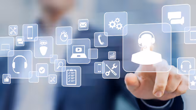 Interactive Digital Resources Technical support concept, business person touching helpdesk icon on screen