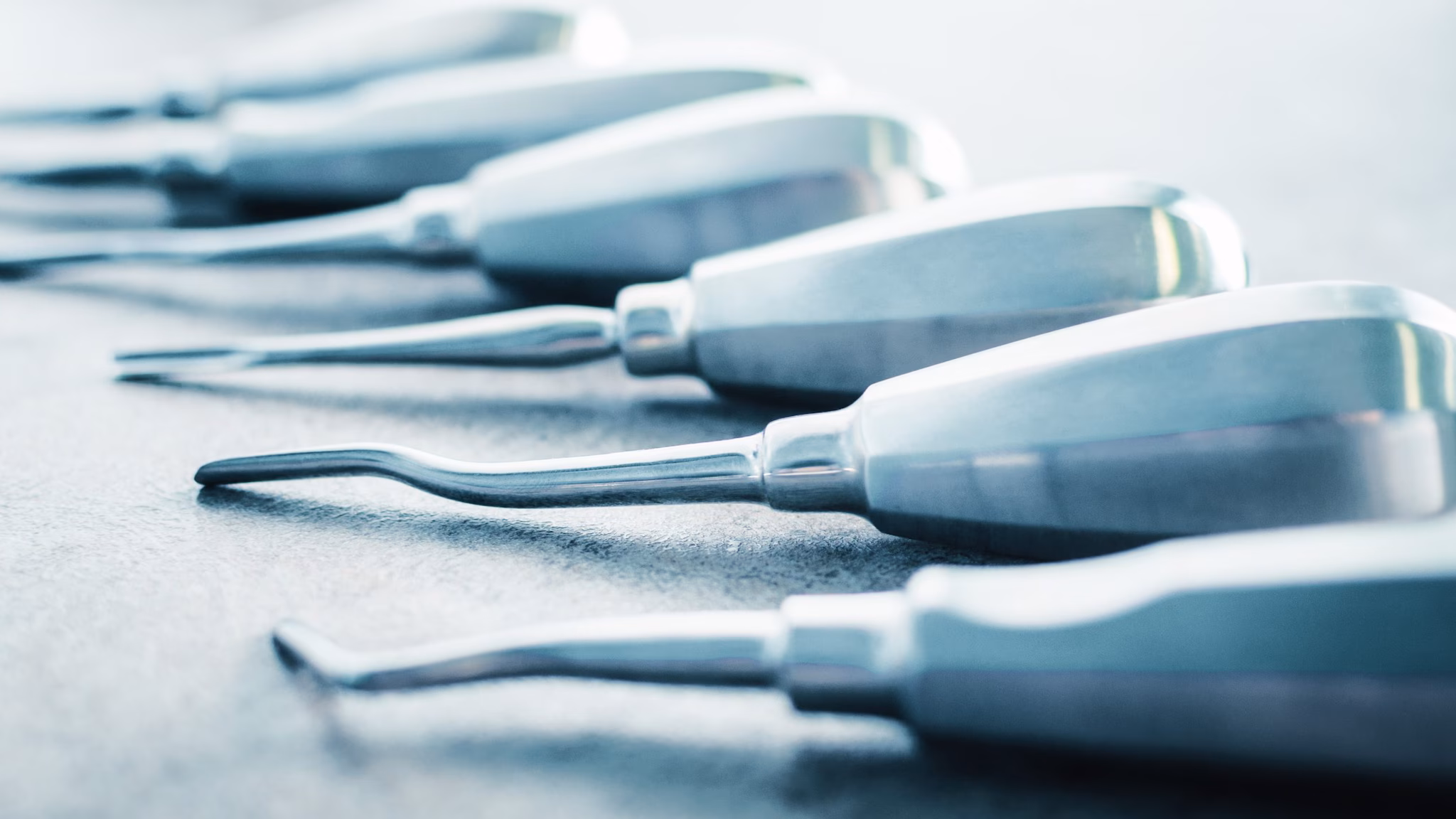 — title missing — Six silver elevators used for extractions of teeth.
