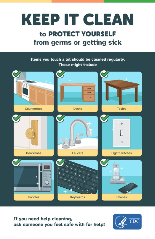 cleaning-poster Keep it clean to protect yourself from germs or getting sick. If you need help cleaning, ask someone you feel safe with.