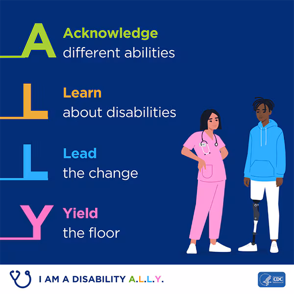 2.2-600px A square graphic of a female healthcare provider and male patient. It is captioned with A- Acknowledge different disabilities, L Learn about disabilities, L- Lead the Change, Y- Yield the floor. The bottom has a graphic of stethoscope and captioned with 'I am a Disability ALLY'