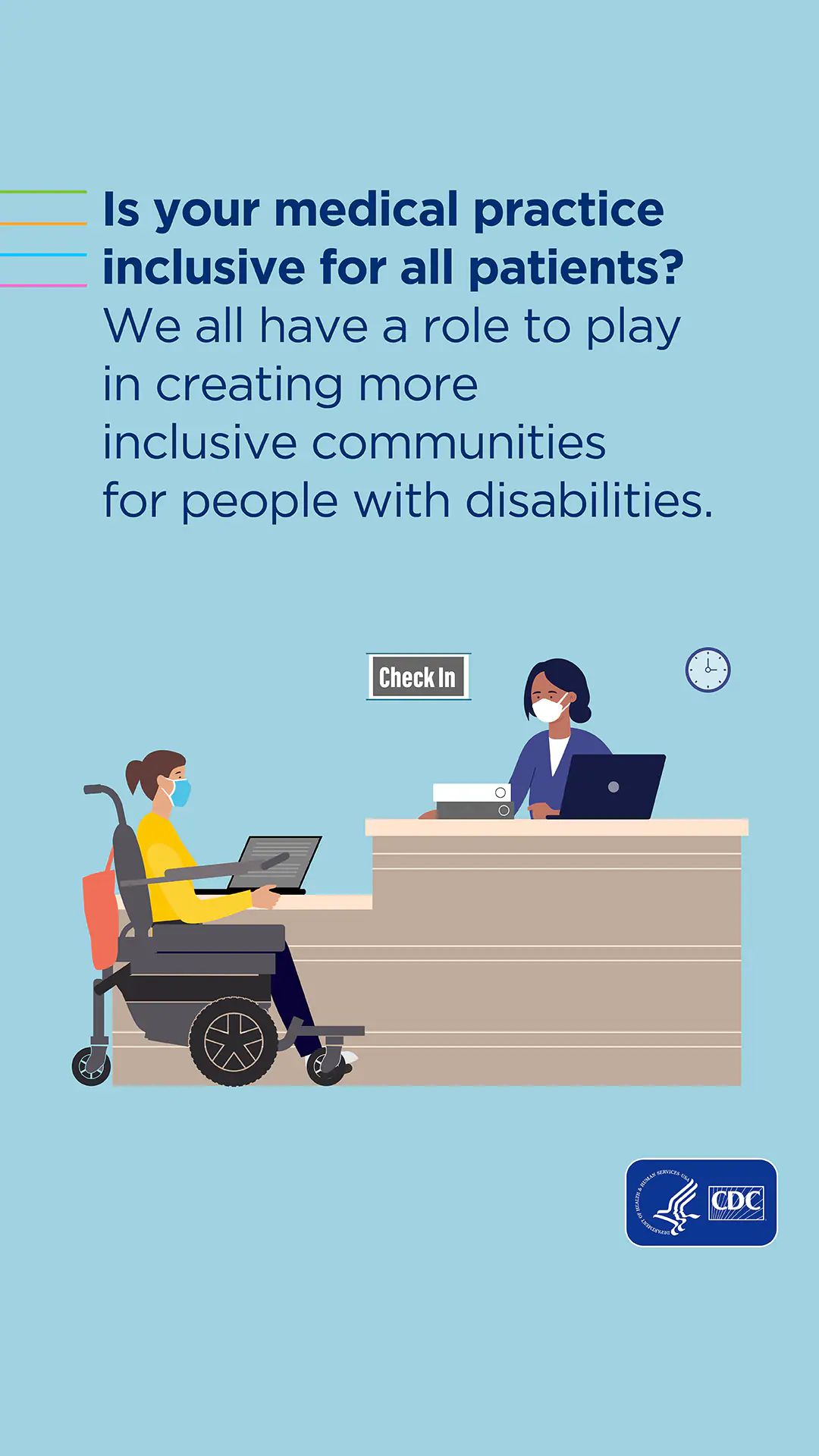 ALLY-IG-Story-Scene-1-1080 Patient in wheelchair checking in at a medical reception desk.