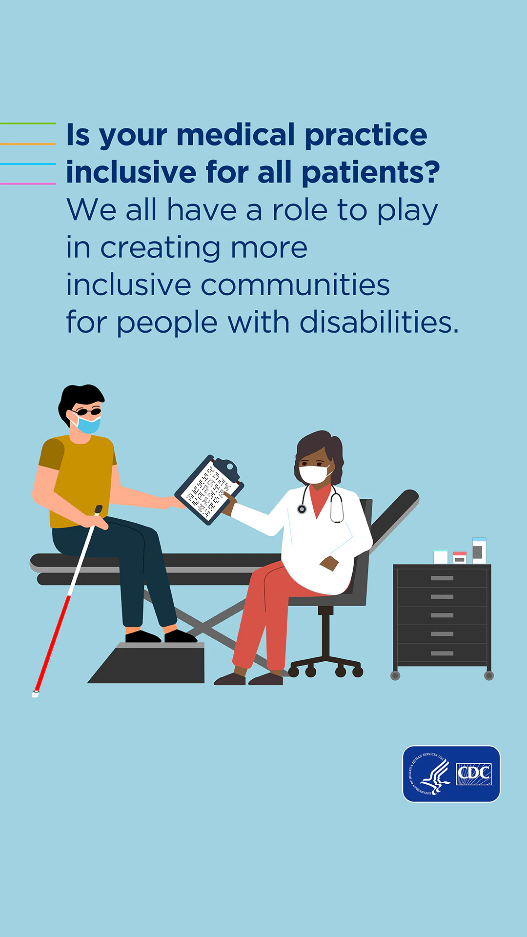 ALLY-IG-Story-Scene-2-1080 Doctor with a blind patient in an exam room, emphasizing inclusivity.