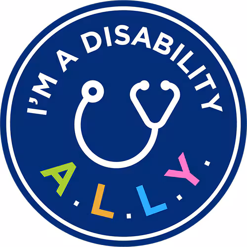 badge-round-500px A circular badge with a graphic of a stethoscope, it’s captioned with 'I’m a disability A.L.L.Y.'