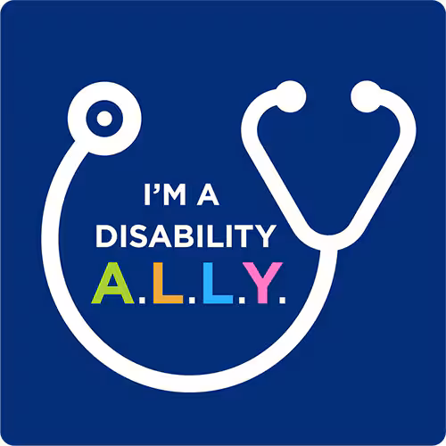 badge-square-500px A square badge with a graphic of a stethoscope, it’s captioned with 'I’m a disability A.L.L.Y.”