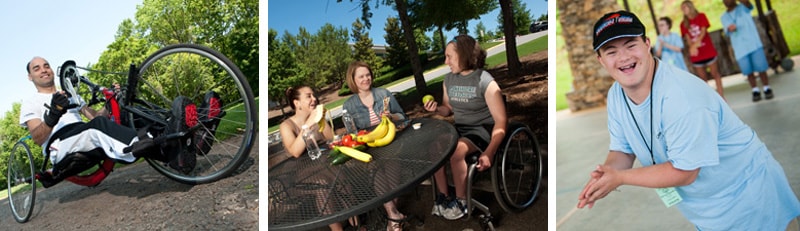 program-activites-collage-800px.jpg Collage: A man on a handcycle, women talking at an outdoor table, and a boy smiling in a park.