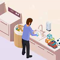 A person cleaning and disinfecting items Illustration of a person cleaning and disinfecting items