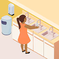 A person washing their hands Illustration of a woman washing her hands in a public bathroom.