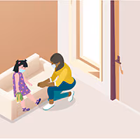 Isolating a sick person Illustration of a mother and daughter. Daughter is being isolated because she is sick.