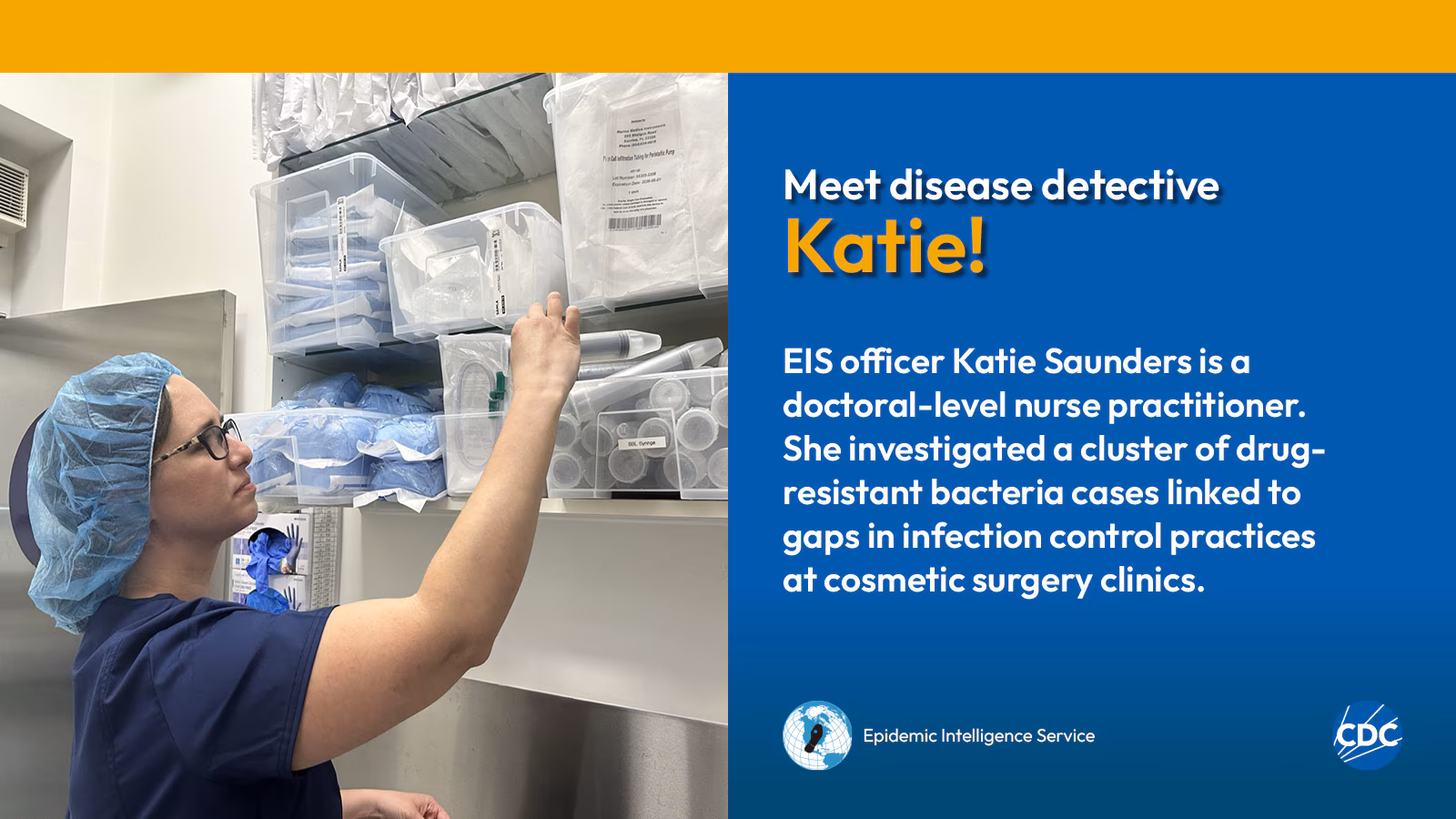 A woman wearing a hairnet while examining medical supplies.