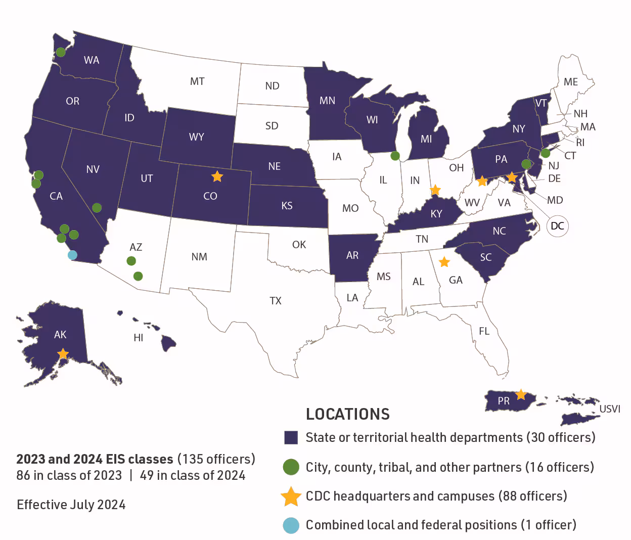 US map of EIS Officers Across the country by state.