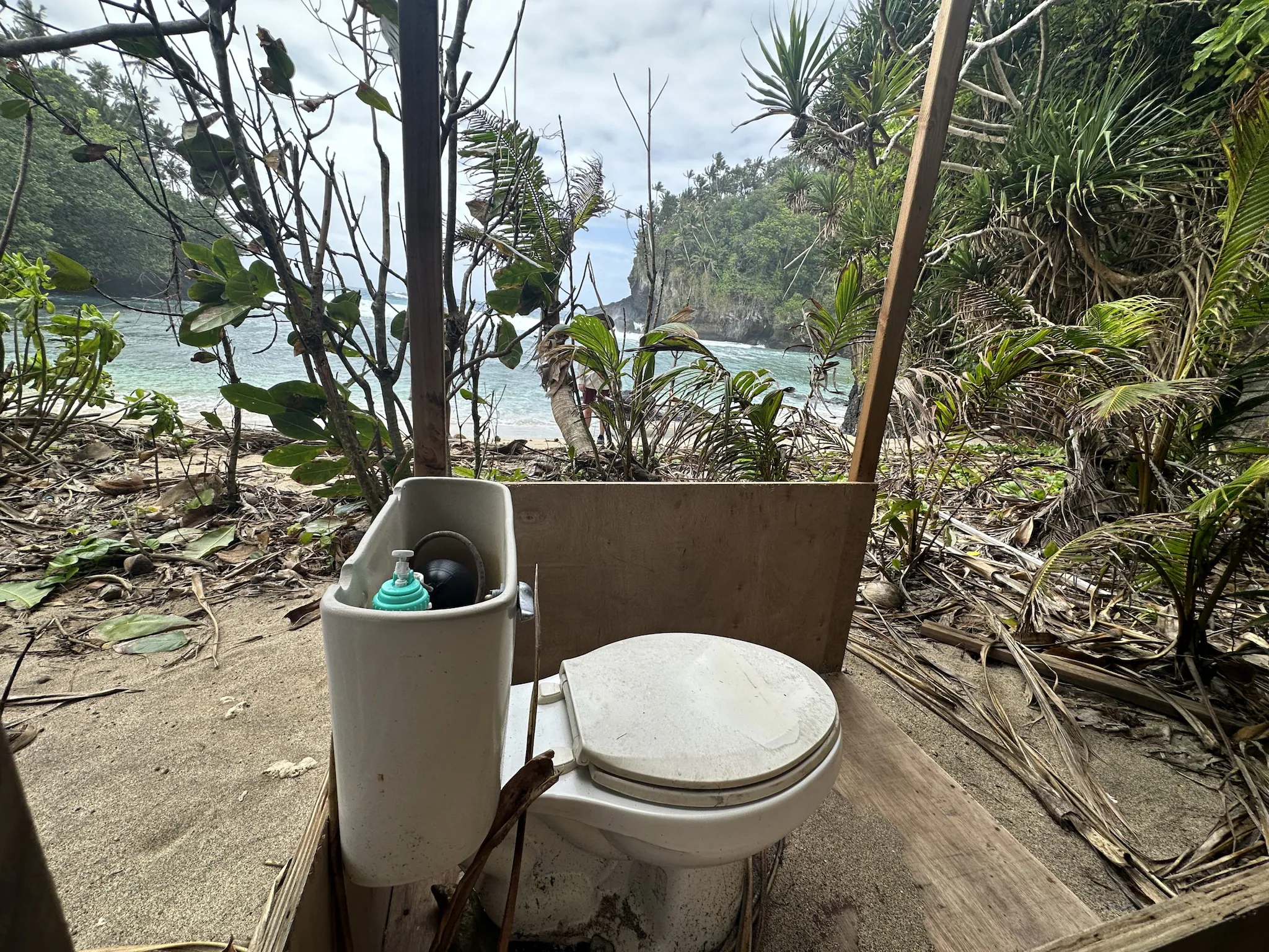 hans-desale-make-me-laugh toilet outdoors with a beach in the background
