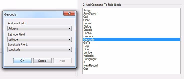 Command Dialog box for the GEOCODE command
