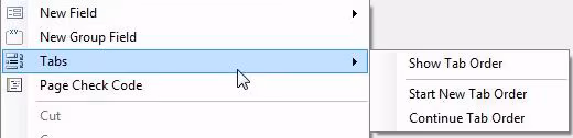 Right click the canvas to show the context menu. The Tabs item contains submenu items for Show Tab Order, Start New Tab Order, and Continue Tab Order.