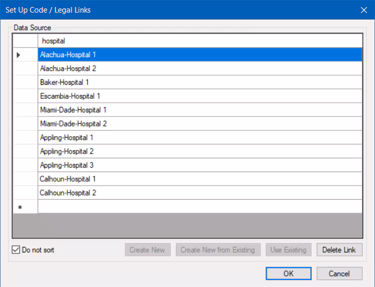 how-to-use-fields-cascading-codes-field6-a Image showing the Set Up Code / Legal Links dialog with the Data Source having one column for "hospital".