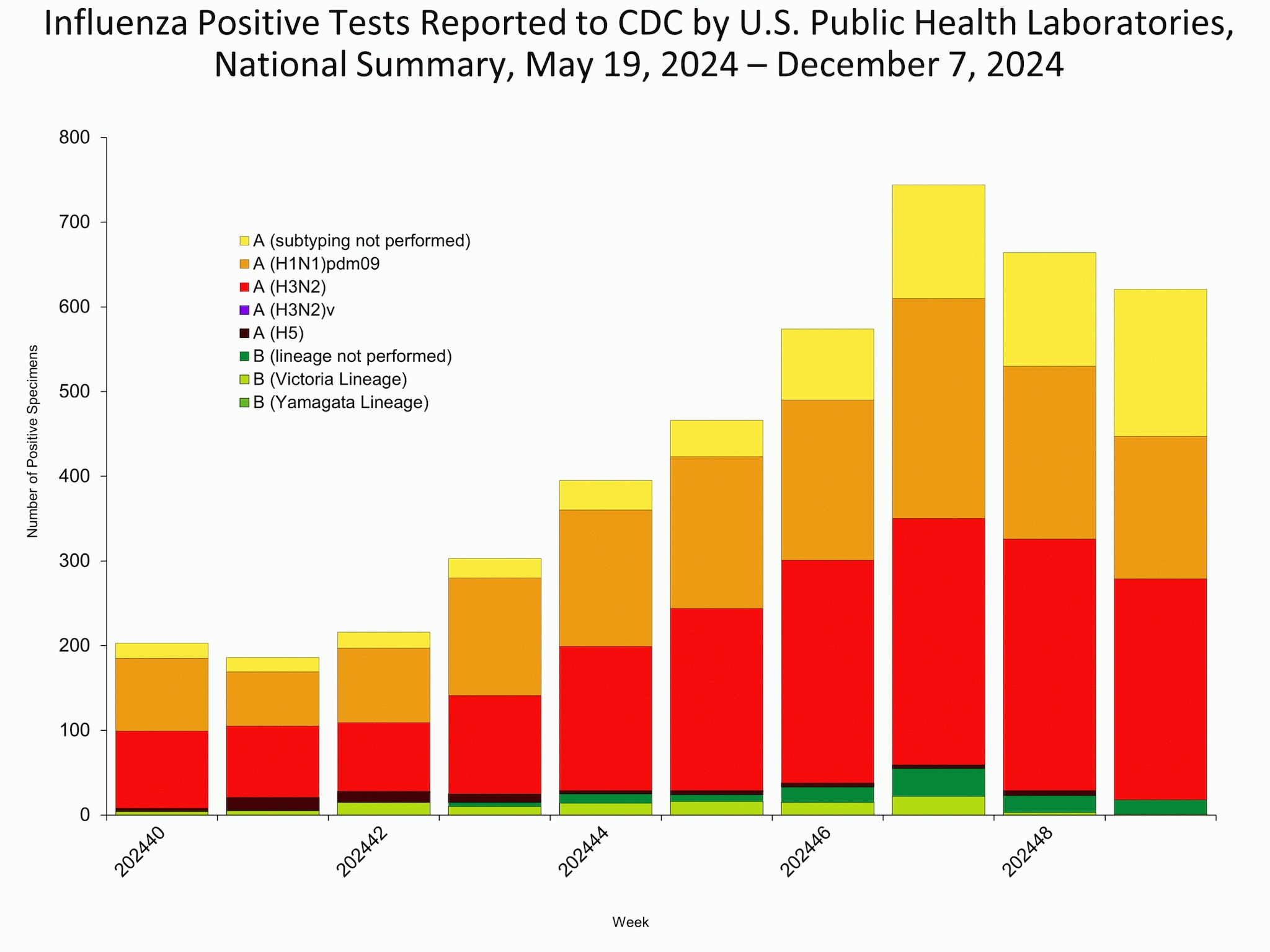 WHOPHL49 *This graph reflects the number of specimens tested and the number determined to be positive for influenza viruses at the public health lab (specimens tested is not the same as cases). It does not reflect specimens tested only at CDC and could include more than one specimen tested per person. Specimens tested as part of routine influenza surveillance as well as those tested as part of targeted testing for people exposed to influenza A(H5) are included.
