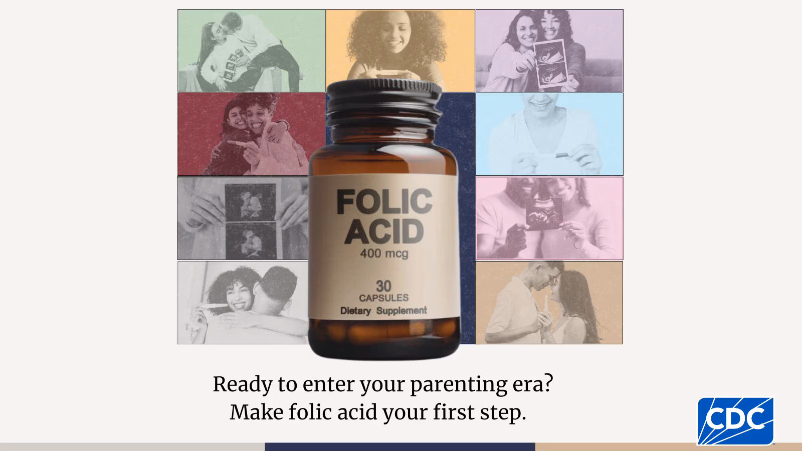 Ready to enter your parenting era with folic acid- X Folic acid vitamin bottle with 400 mcg seen on the label in front of various pregnancy announcement pictures.