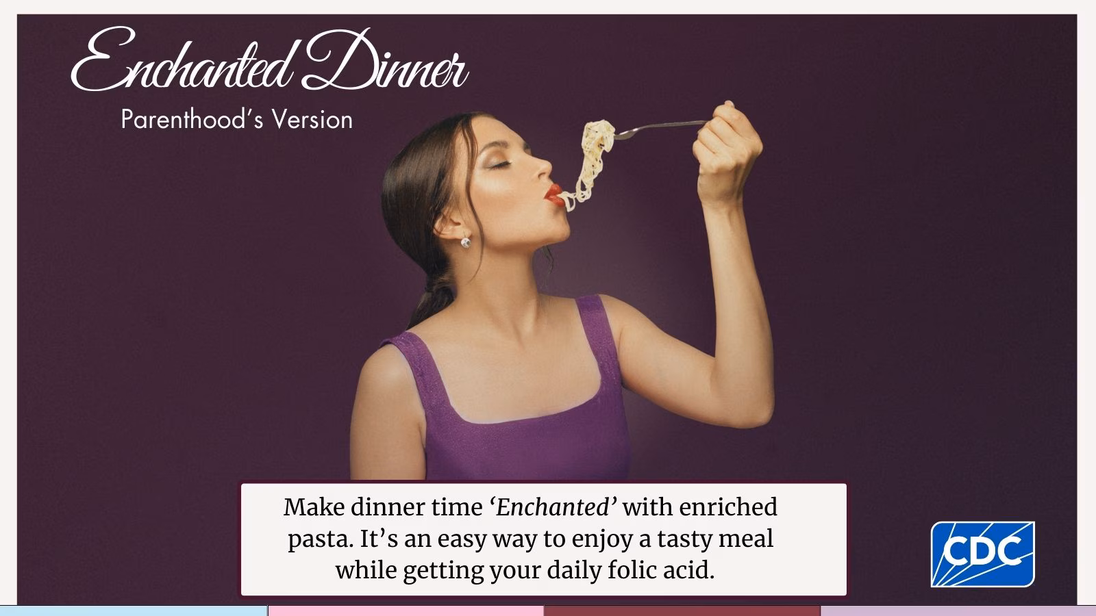 Make dinner time 'Enchanted' with enriched pasta- X Young adult looking away from the camera as they enjoy a fork full of pasta.