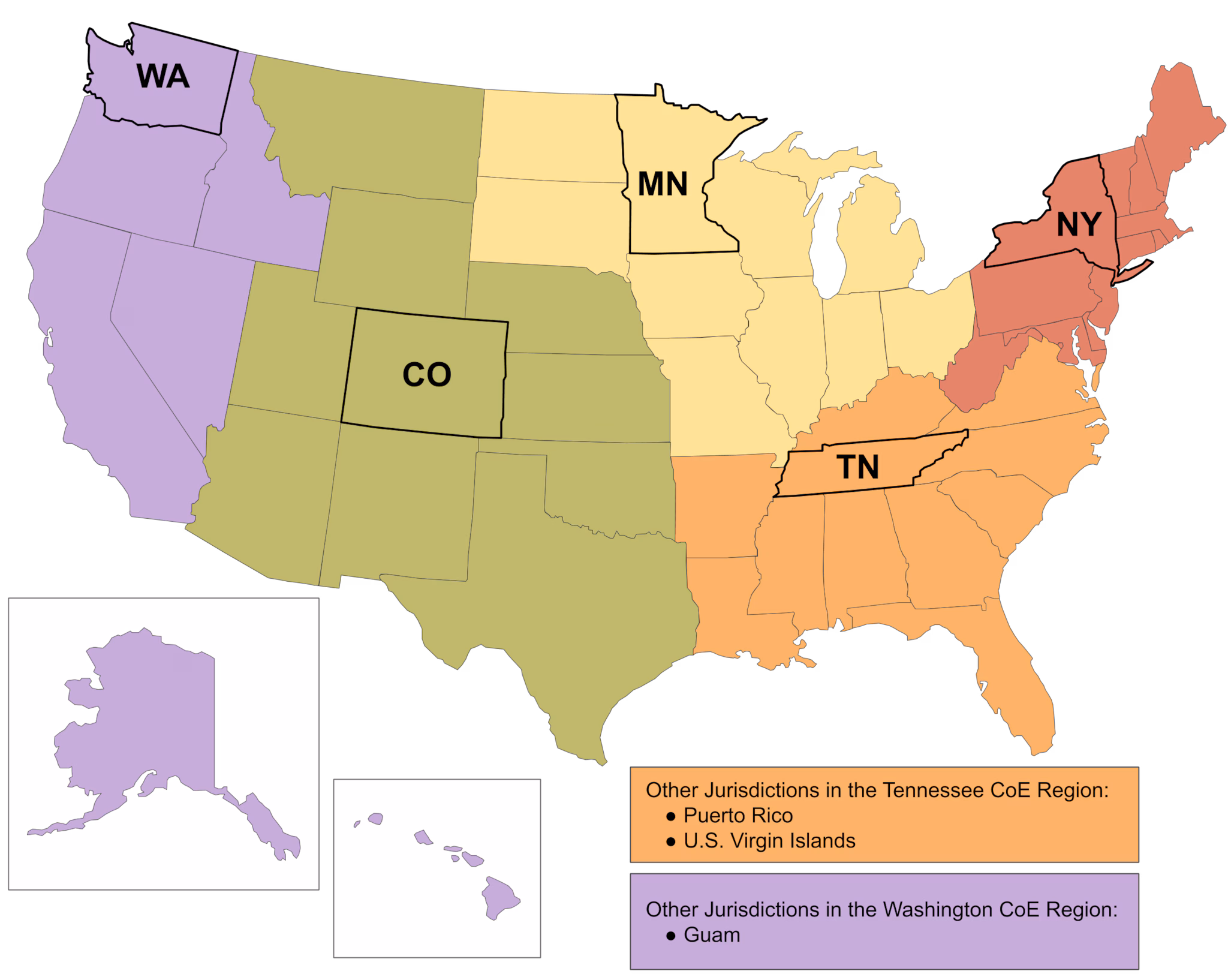 Map showing the five Food Safety CoE regions