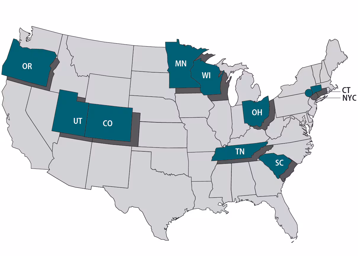 Year Seven Map Map showing the FoodCORE year seven centers including Colorado, Connecticut, Minnesota, New York City, Ohio, Oregon, South Carolina, Tennessee, Utah, and Wisconsin