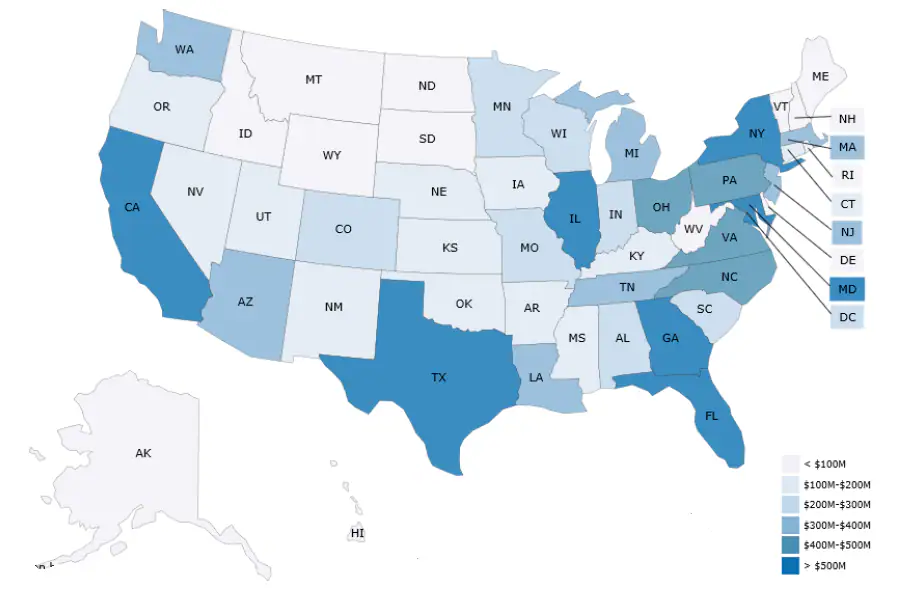 2024 CDC Grant Funding Profiles map of the United States and DC - for Fiscal Year 2023