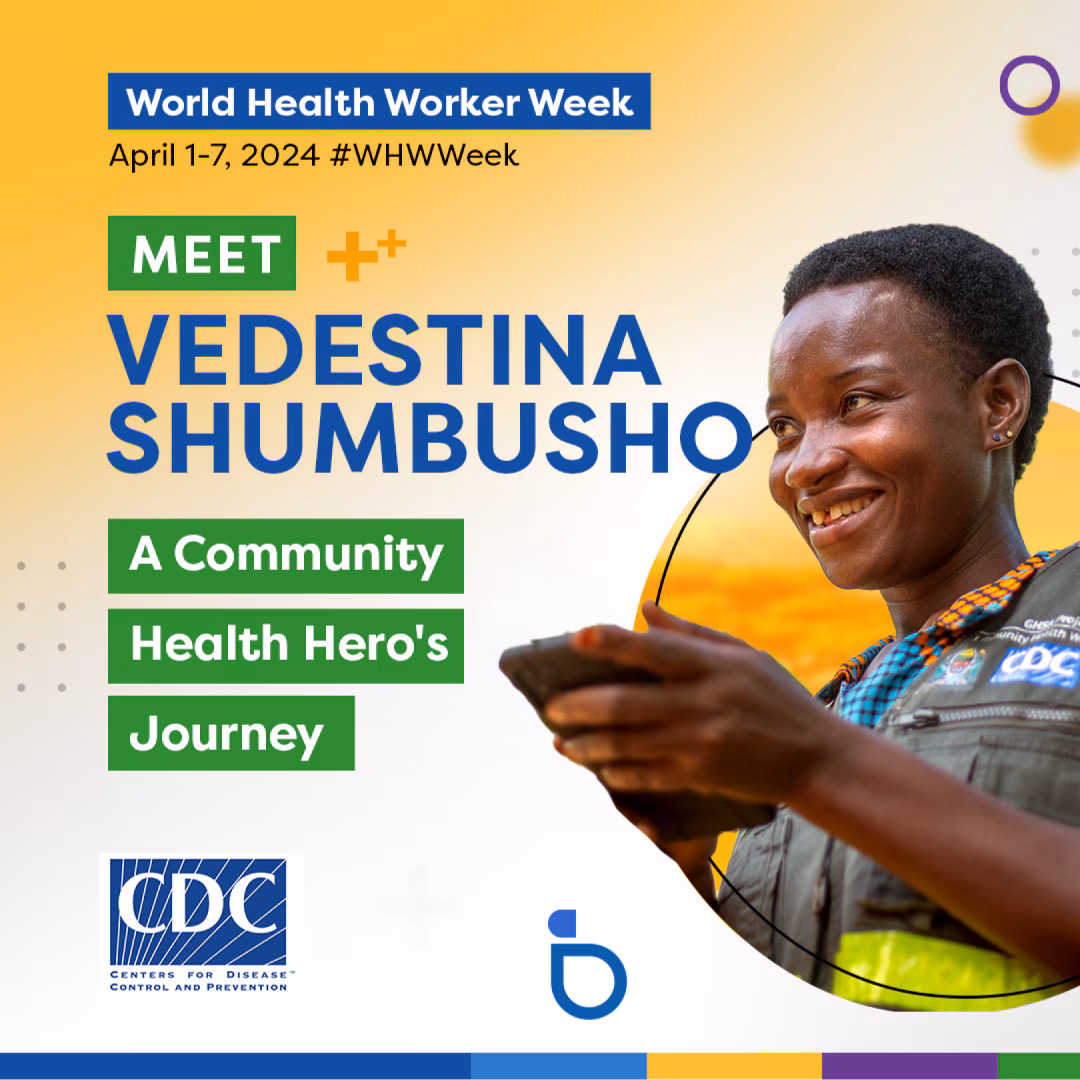 Social Media-8 -WHWW_Tanzania A woman smiling holding a tablet surrounded by a colorful graphic. “World Health Worker Week, April 1-7, 2024 #WHWeek, Meet Vedestina Shumbusho, A community Health Hero’s Journey.”