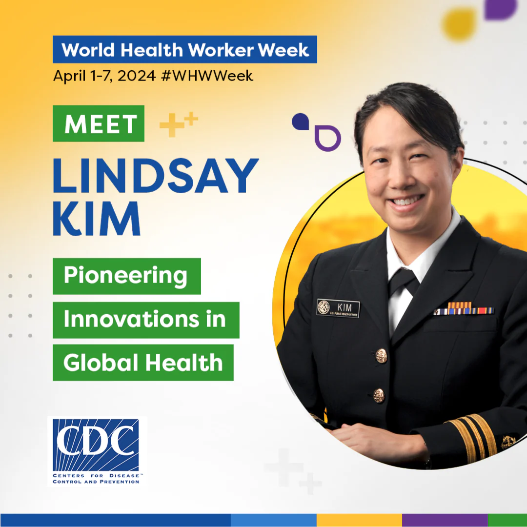 Social Media-9 -WHWW_Vietnam A woman with a black suit surrounded by a colorful graphic. “World Health Worker Week, April 1-7, 2024 #WHWeek, Meet Lindsay Kim, Pioneering Innovations in Global Health.