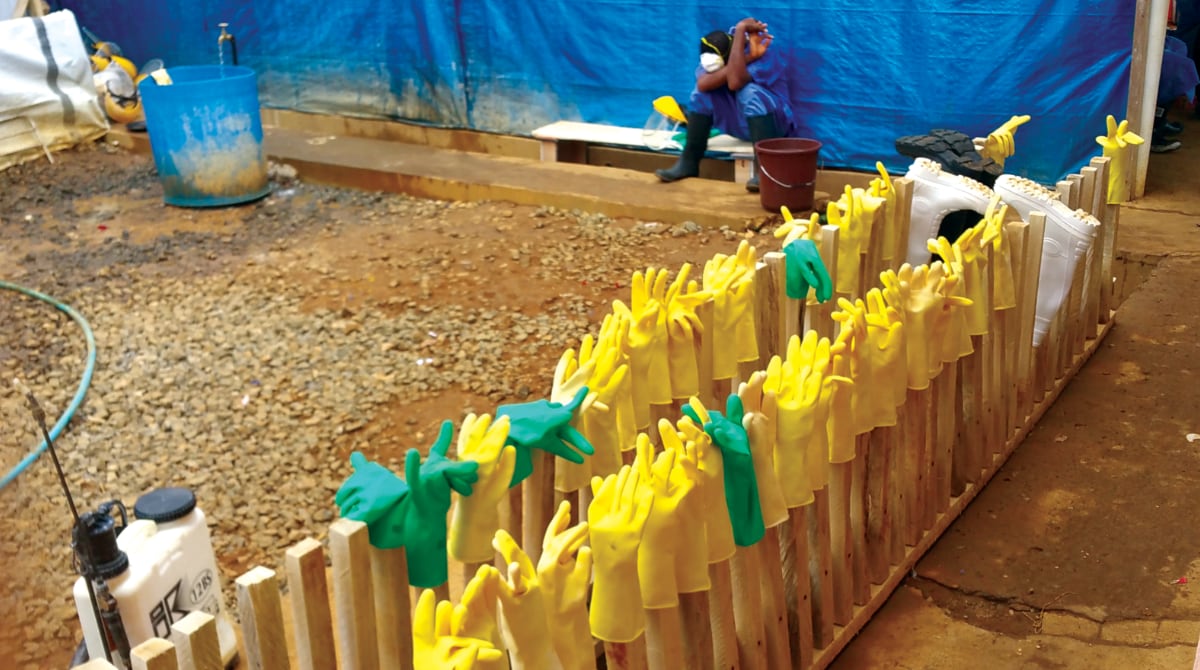 Gloves A row of yellow and green gloves drying on a wooden fence in an outdoor setting, with workers in the background.
