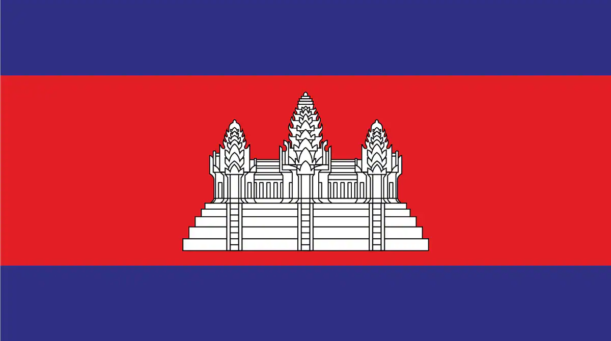 Cambodia Flag The flag of Cambodia consists of three horizontal stripes—blue on the top and bottom and a larger central red stripe. In the center of the red stripe is a white depiction of Angkor Wat temple.