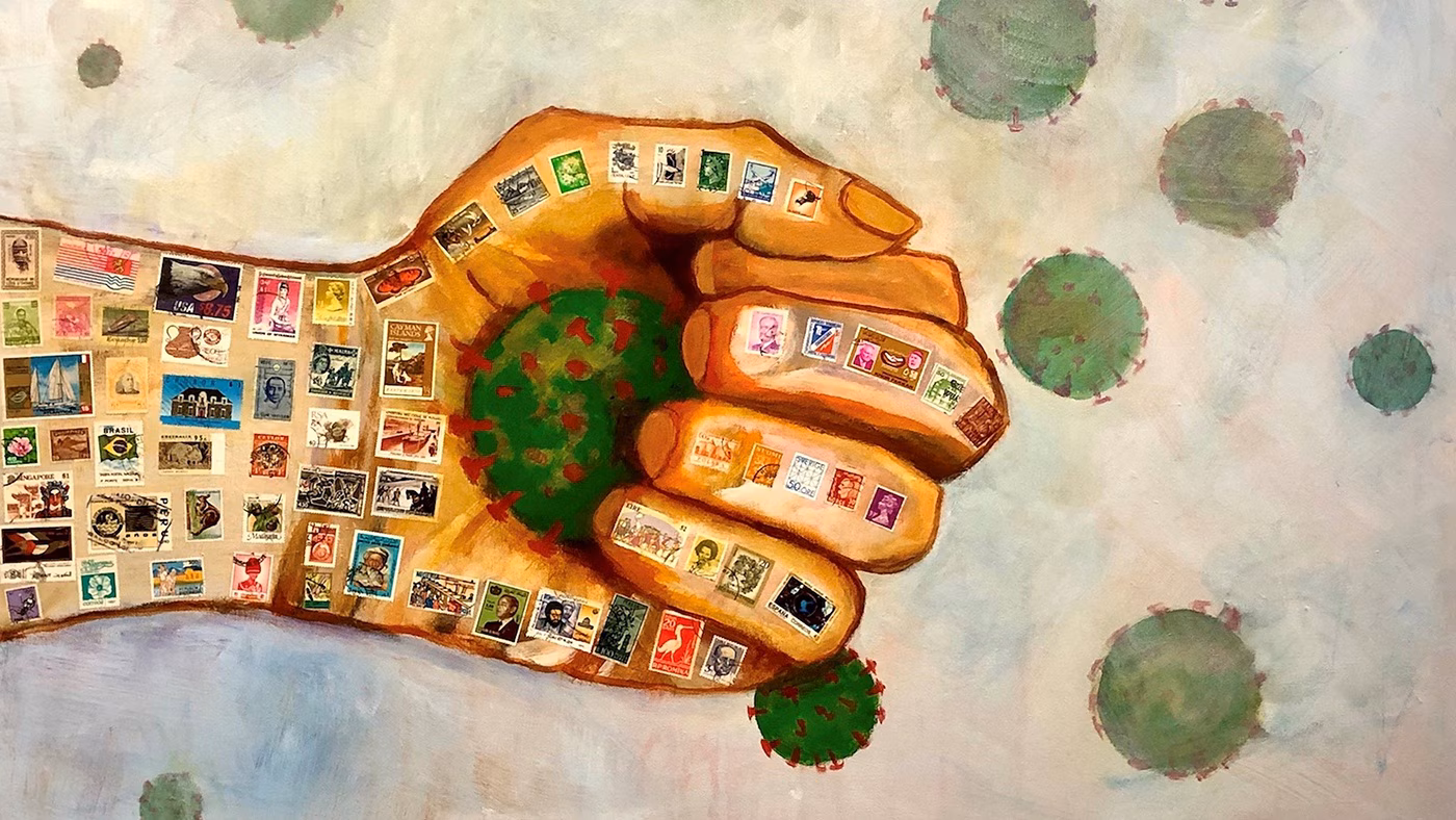 COVID_19_EID_Pub Illustration of a closed hand with small stamped images and holding a coronavirus cell. Background with multiple coronavirus cells behind it.